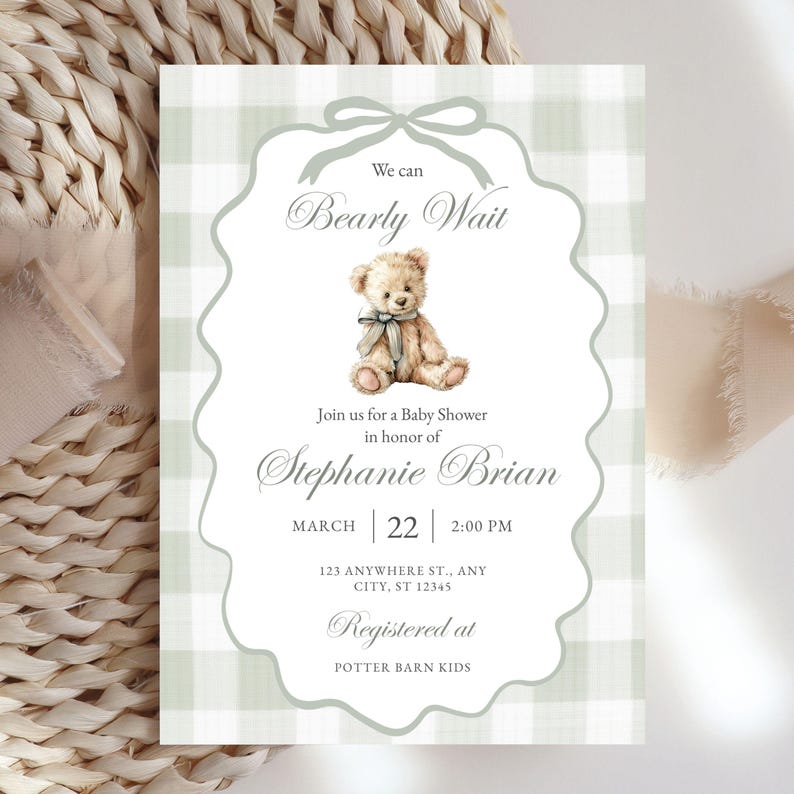 Bearly Baby Shower Invite Download Sage Green Gingham