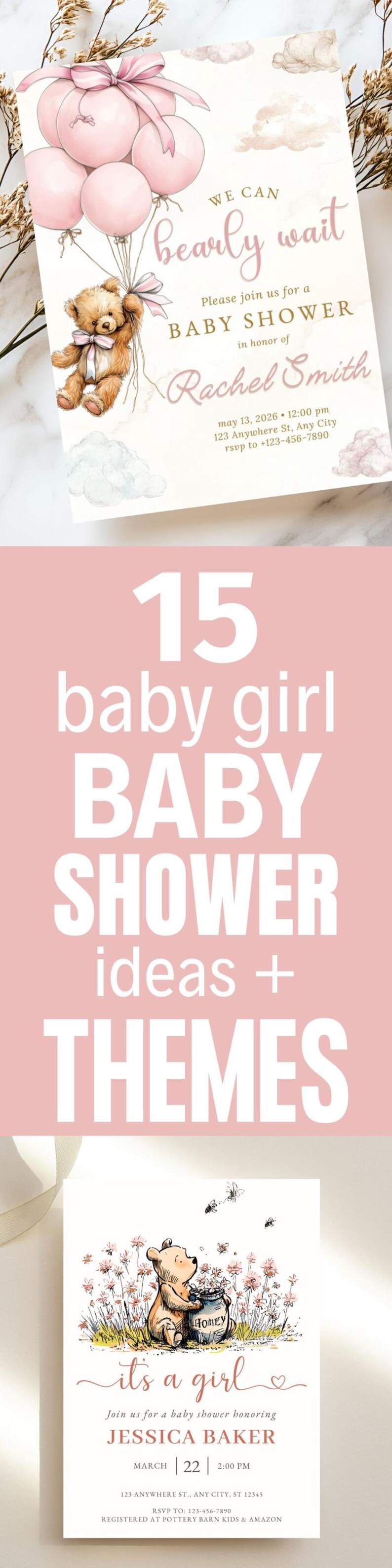 This baby girl shower invitation template features a We Can Bearly Wait design with a sweet boho bear and pink balloon theme. This editable teddy bear baby shower invite is easy to customize, making it a charming Canva download for your special celebration.