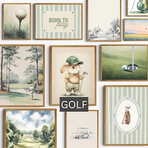 May include: A collection of framed watercolor art prints with a golf theme. The prints feature golf courses, golf balls, and a cute bunny wearing a golf cap and holding a golf club. The text "BORN TO PLAY" is also featured.