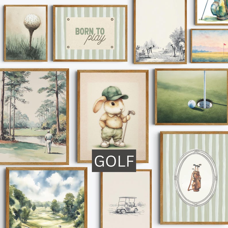 May include: A collection of framed watercolor art prints with a golf theme. The prints feature golf courses, golf balls, and a cute bunny wearing a golf cap and holding a golf club. The text "BORN TO PLAY" is also featured.