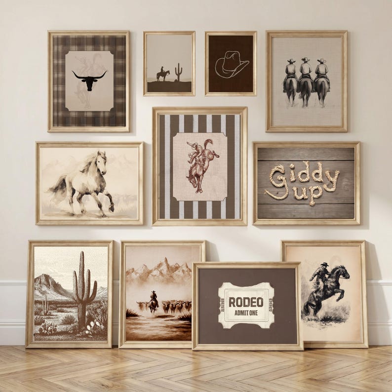 Western horse shoe photo print displayed in a nursery above dresser with rustic cowboy accents.