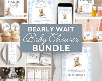Blue Teddy Shower Bundle Digital Invitation Set Bear Baby Shower Printable Boy Game Template Gingham Party Decor We Can Bearly Wait Theme