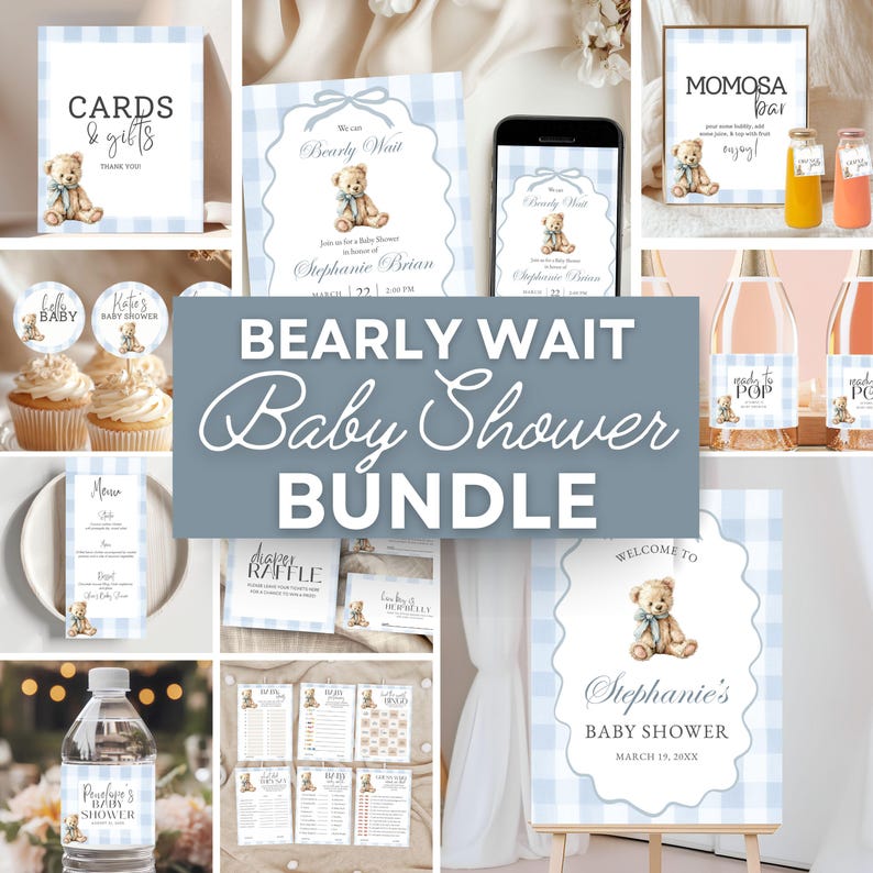 Digital Baby Shower Bundle Blue Teddy Bear Theme Invitation Set Printable Collection Gingham Design Boy Celebration Package Complete Party Kit Cupcake Toppers Menu Cards Prediction Games Water Bottle Labels Momosa Bar Sign Due Date Calendar