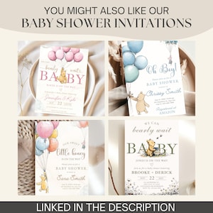 May include: A collection of baby shower invitations featuring Winnie the Pooh illustrations. Each invitation has a unique design with pastel colors, balloons, and text. The invitations include details for the baby shower, such as the date, time, and location.