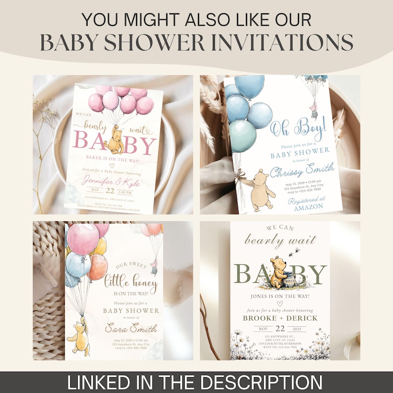 May include: A collection of baby shower invitations featuring Winnie the Pooh illustrations. Each invitation has a unique design with pastel colors, balloons, and text. The invitations include details for the baby shower, such as the date, time, and location.