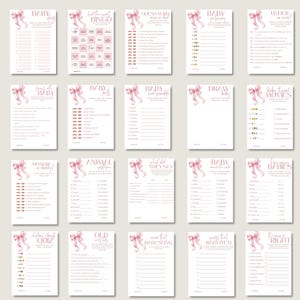 Girl Baby Shower Game Bundle Printable Pink Bow Trivia Set, Blush Ribbon Party Bingo Collection minimalist, instant download pack