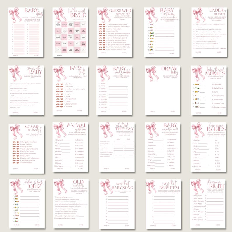 Girl Baby Shower Game Bundle Printable Pink Bow Trivia Set, Blush Ribbon Party Bingo Collection minimalist, instant download pack