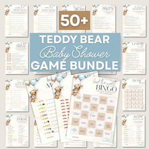 May include: A collection of baby shower games with a teddy bear theme. The bundle includes various game cards with titles like "Guess the Baby Item" and "Baby Bingo." The central text reads "Teddy Bear Baby Shower Game Bundle."