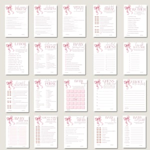 Op de afbeelding: Een verzameling roze en witte babyshower-spelkaarten. Elke kaart heeft een roze strik-illustratie en spel titels zoals "Baby Bingo" en "Raad wie de papa is?".