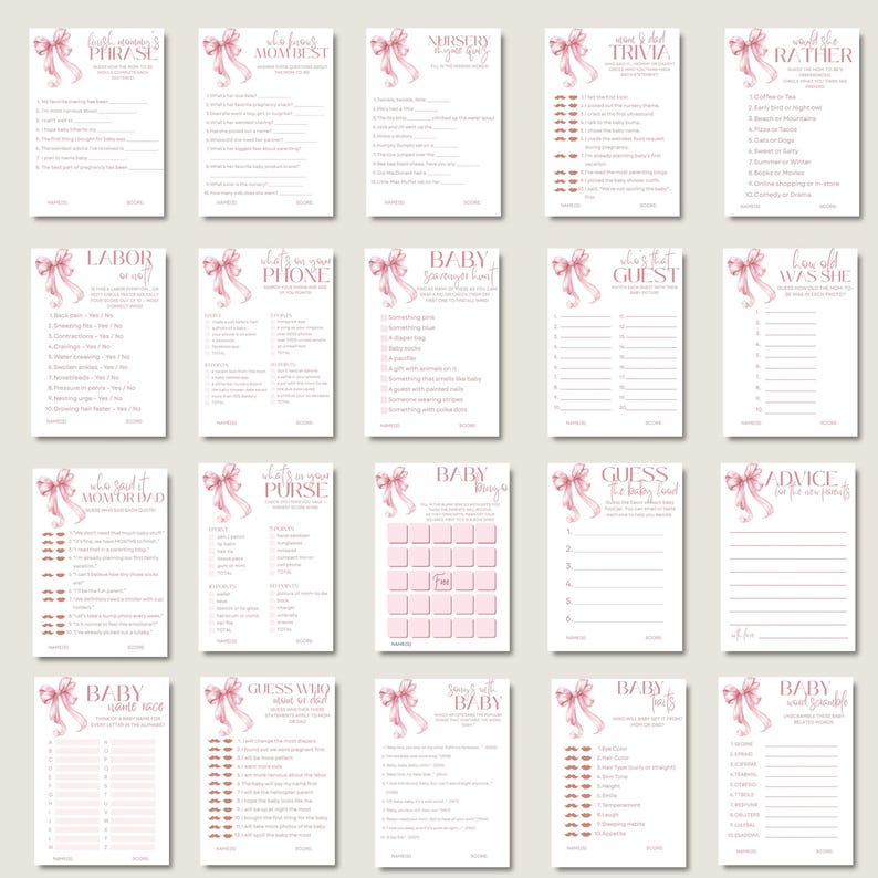 Op de afbeelding: Een verzameling roze en witte babyshower-spelkaarten. Elke kaart heeft een roze strik-illustratie en spel titels zoals "Baby Bingo" en "Raad wie de papa is?".