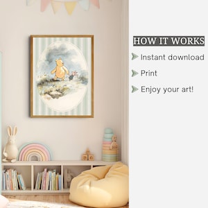 May include: A framed wall art print featuring a watercolour illustration of Winnie the Pooh and Piglet walking together in an oval frame. The text on the right reads: HOW IT WORKS, Instant download, Print, Enjoy your art! The background is striped.