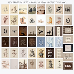 May include: A collection of over 100 digital prints featuring Western-themed illustrations including cowboys, horses, boots, hats, horseshoes, cacti, and teddy bears. The images use a neutral color palette with text elements like Howdy.