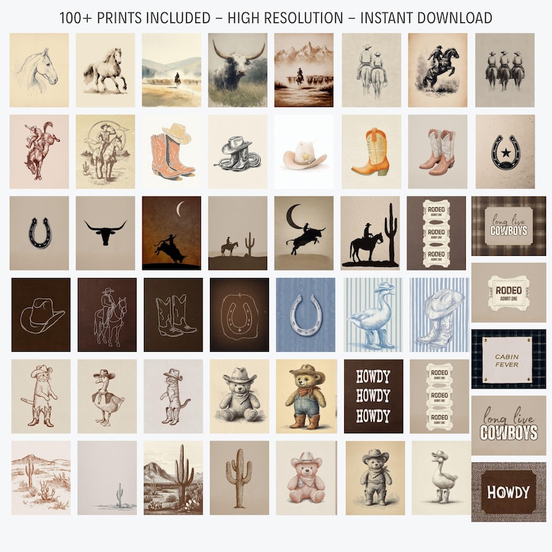 May include: A collection of over 100 digital prints featuring Western-themed illustrations including cowboys, horses, boots, hats, horseshoes, cacti, and teddy bears. The images use a neutral color palette with text elements like Howdy.