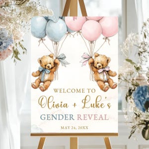 Baby Shower Decoration Gender Reveal Sign Welcome Display Party Celebration Teddy Bear Theme Pink Blue Balloon Design Customizable Template Digital Download Printable Format Special Event Announcement Expecting Parents Custom Text Options