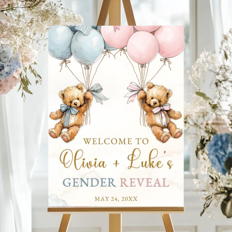Baby Shower Decoration Gender Reveal Sign Welcome Display Party Celebration Teddy Bear Theme Pink Blue Balloon Design Customizable Template Digital Download Printable Format Special Event Announcement Expecting Parents Custom Text Options