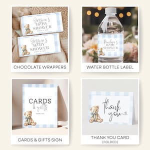 Printable Shower Collection Digital Baby Bundle Blue Teddy Theme Boy Celebration Set Complete Party Package Gingham Design Invitation Templates Game Activities Cupcake Toppers Menu Cards Prediction Games Water Bottle Labels Instant Download