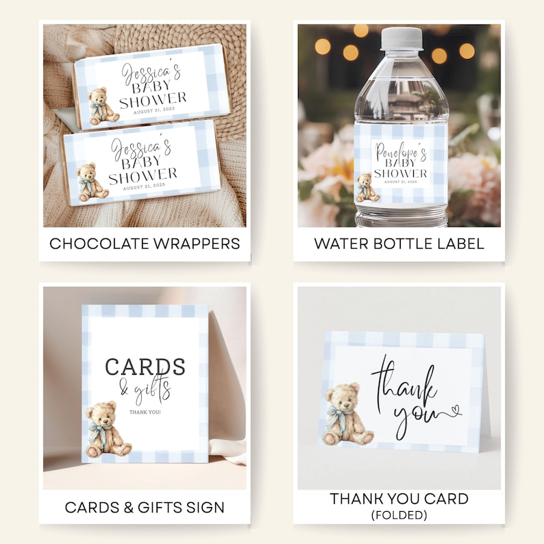 Printable Shower Collection Digital Baby Bundle Blue Teddy Theme Boy Celebration Set Complete Party Package Gingham Design Invitation Templates Game Activities Cupcake Toppers Menu Cards Prediction Games Water Bottle Labels Instant Download