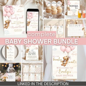 Baby Girl Shower Invitation Template We Can Bearly Wait Invite Editable Boho Bear Baby Shower Pink Balloon Teddy Bear Theme Canva Download image 12