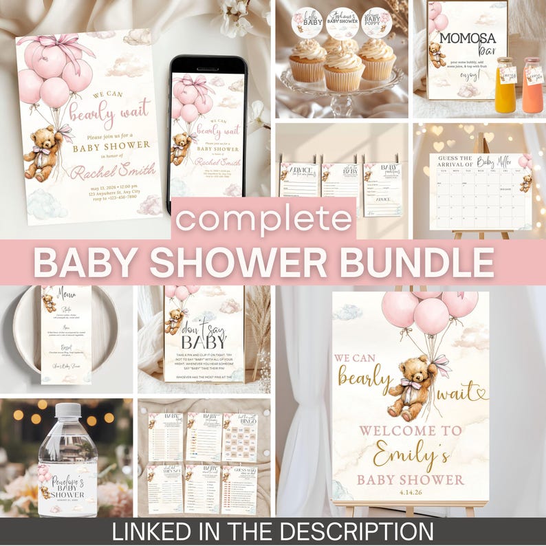 Baby Girl Shower Invitation Template We Can Bearly Wait Invite Editable Boho Bear Baby Shower Pink Balloon Teddy Bear Theme Canva Download image 12