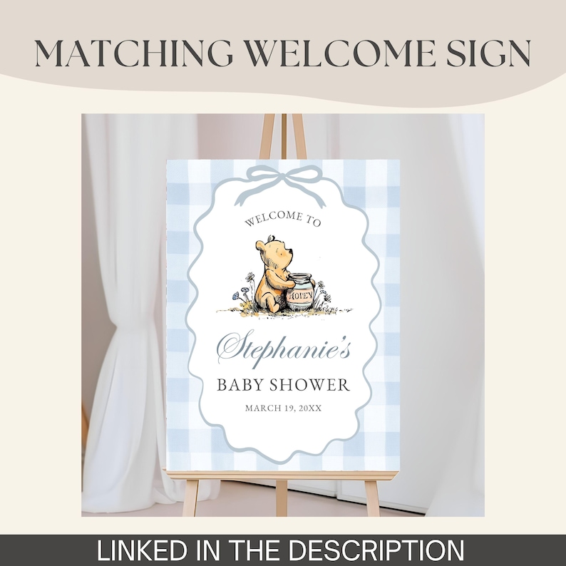 Boy Winnie Pooh Baby Shower Invitation Printable Classic Pooh Bear Invite Template Blue Gingham Downloadable Card Plaid Party Edit Online image 11