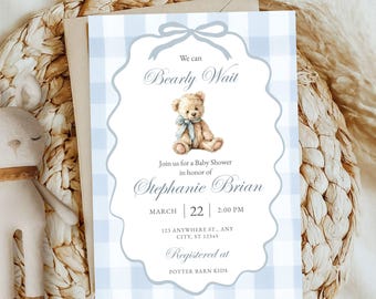 Baby Bear Baby Shower Invitation Editable Pale Blue Gingham Vintage Teddy Bear Boy Shower Invite Bearly Wait Theme Plaid Instant Download