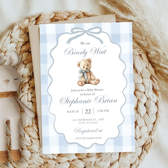 Baby Bear Baby Shower Invitation Editable Pale Blue Gingham Vintage Teddy Bear Boy Shower Invite Bearly Wait Theme Plaid Instant Download