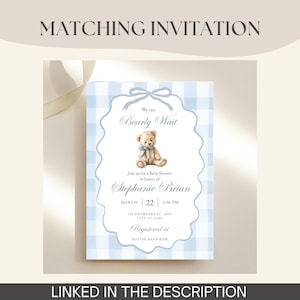 Bear Theme Custom Poster Dusty Blue Gingham Boy Shower Board Editable Cute Teddy Entryway