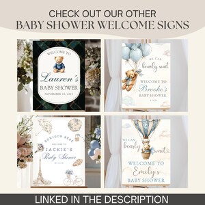 May include: A collage of baby shower welcome signs with teddy bear illustrations and text. The signs feature phrases like "Welcome to" and "Baby Shower," with names and dates. The signs are linked in the description.