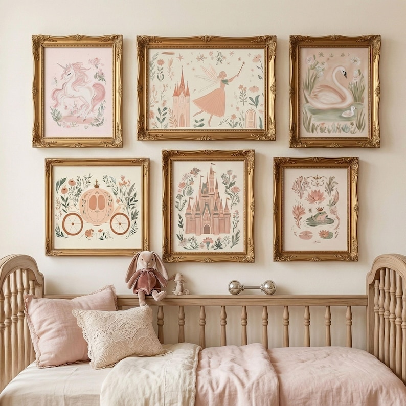 Vintage collection nursery prints for girls displayed above changing table with delicate nostalgic artwork and muted tones
