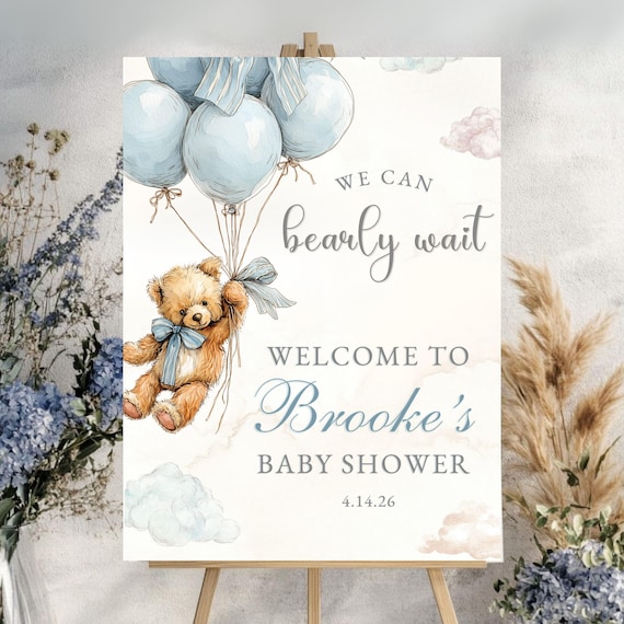 Boy Bear Baby Shower Welcome Sign Customize Bearly Can Wait Dusty Blue Balloons Personalized Shower Wall Sign Front Yard Bear Sprinkle Decor
