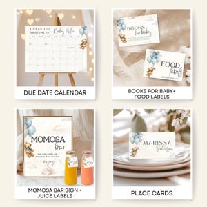 May include: A collection of baby shower stationery items. Includes a due date calendar, books for baby and food labels, a mimosa bar sign with juice labels, and place cards. Each item features a teddy bear and balloons.