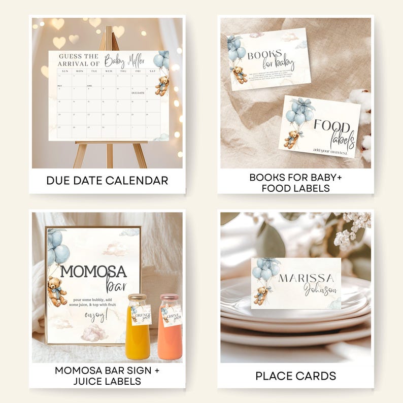May include: A collection of baby shower stationery items. Includes a due date calendar, books for baby and food labels, a mimosa bar sign with juice labels, and place cards. Each item features a teddy bear and balloons.