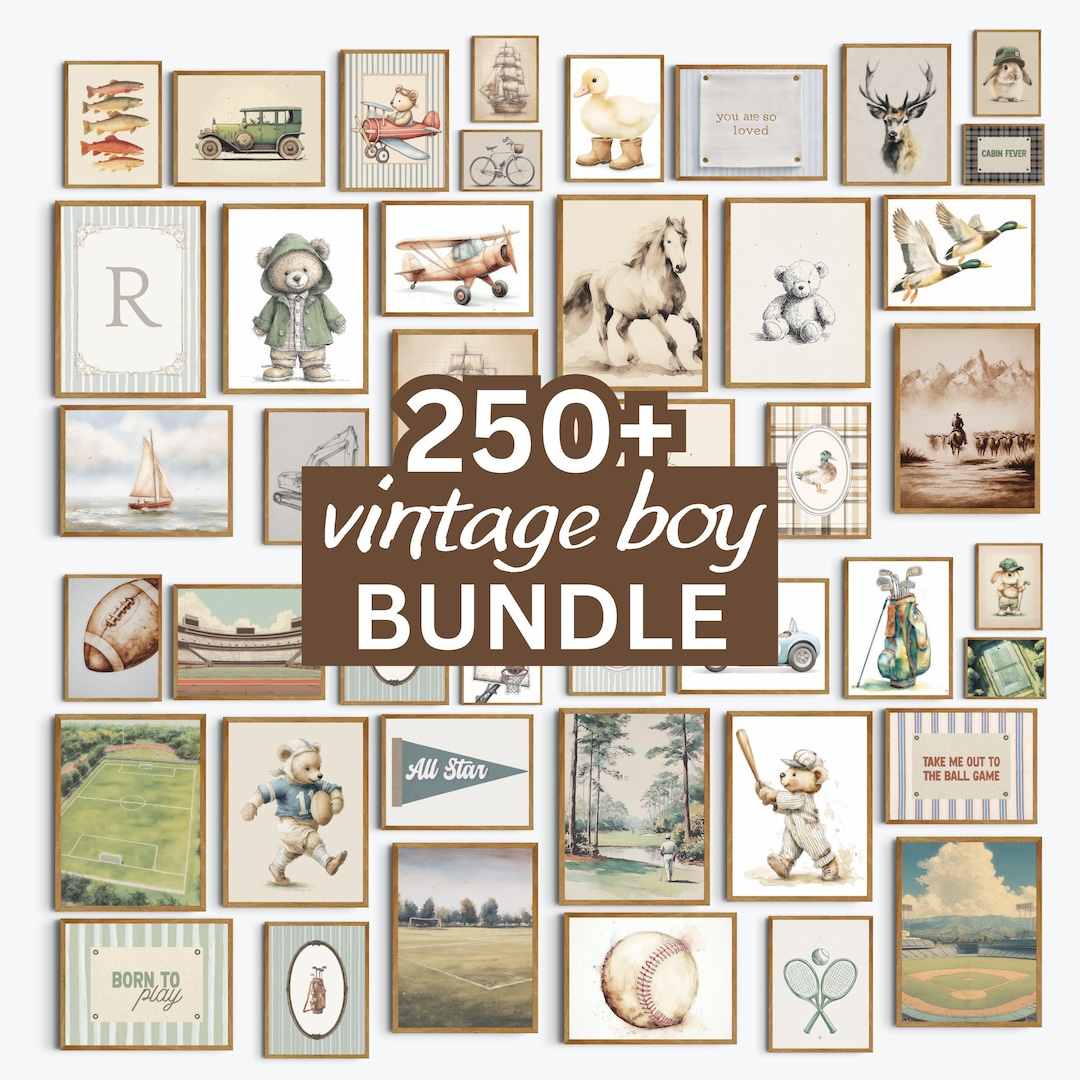 Boy Nursery Print Digital Download Wall Art Vintage Style Bundle Bedroom Decoration Sports