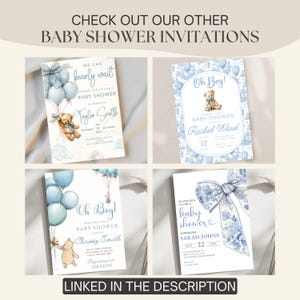 May include: Four baby shower invitations with various designs. One features a teddy bear with balloons, another has a teddy bear in a blue floral frame, and two others have blue balloons and a bow. Text includes "Check out our other baby shower invitations."