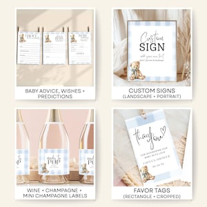 Blue Boy Shower Digital Bundle Teddy Bear Theme Printable Invitation Set Complete Party Collection Gingham Pattern Celebration Package Game Templates Cupcake Toppers Menu Cards Prediction Activities Water Bottle Labels Momosa Bar Sign