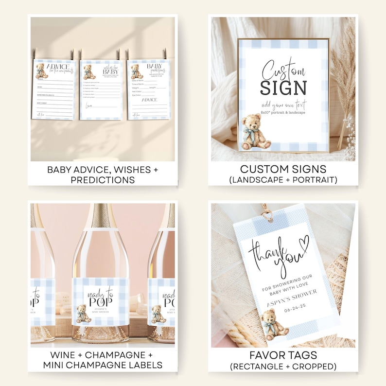 Blue Boy Shower Digital Bundle Teddy Bear Theme Printable Invitation Set Complete Party Collection Gingham Pattern Celebration Package Game Templates Cupcake Toppers Menu Cards Prediction Activities Water Bottle Labels Momosa Bar Sign
