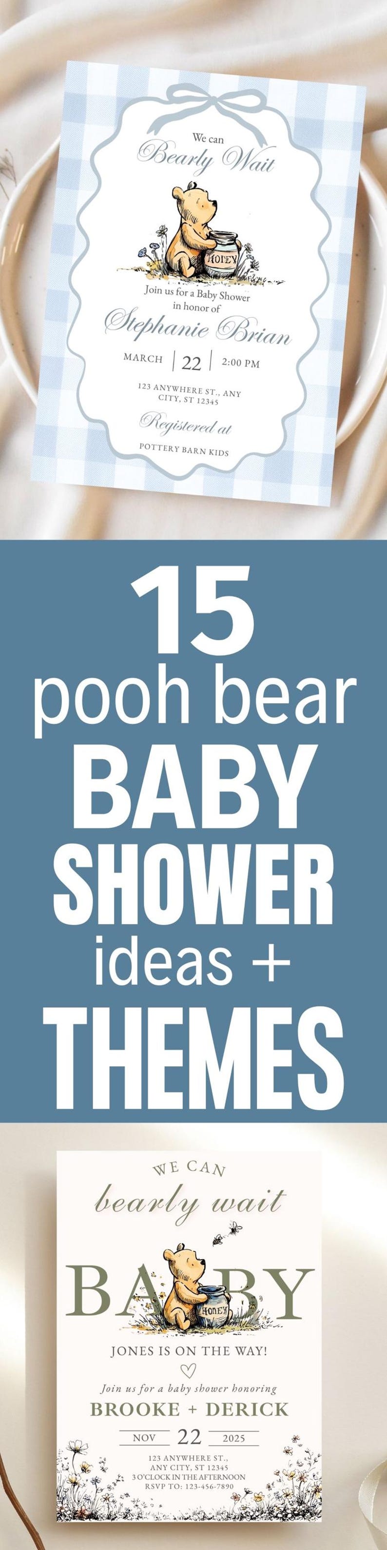 This Boy Winnie Pooh Baby Shower Invitation Printable features a Classic Pooh Bear Invite Template with a charming blue gingham plaid party design. This Downloadable Card is easy to Edit Online and perfect for creating a sweet, storybook-inspired baby shower celebration.