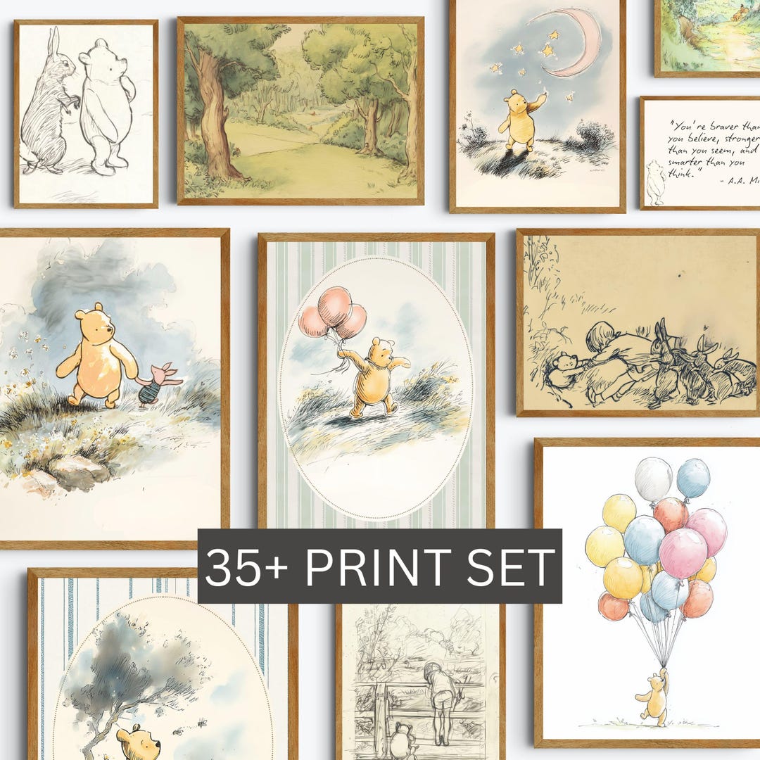 Winnie-the-Pooh Nursery Wall Art Digital Print Kids Room Woodland Gallery Set Childrens Pl