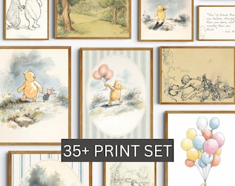Winnie-the-Pooh Nursery Wall Art Digital Print Kids Room Woodland Gallery Set Childrens Playroom Boho Watercolor Painting Neutral Bundle Boy