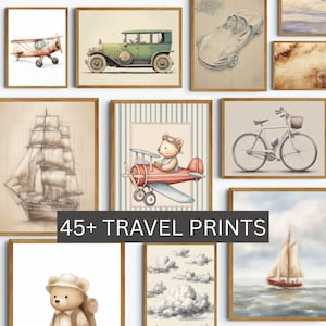 May include: Collection of framed travel-themed art prints. The prints feature illustrations of an airplane, a vintage car, a sailboat, a bicycle, and a teddy bear in a biplane. The text "45+ TRAVEL PRINTS" is displayed.