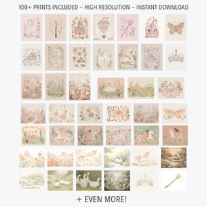 Puede incluir: Una colecci&oacute;n de m&aacute;s de 100 impresiones de alta resoluci&oacute;n con ilustraciones caprichosas. La obra de arte incluye castillos, unicornios, hadas, mariposas y cisnes en suaves colores pastel. El texto en la parte superior dice "100+ PRINTS INCLUDED - HIGH RESOLUTION - INSTANT DOWNLOAD" y "+ EVEN MORE!" en la parte inferior.
