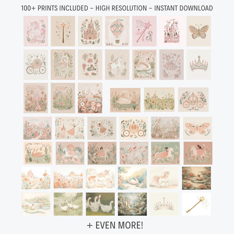 Puede incluir: Una colecci&oacute;n de m&aacute;s de 100 impresiones de alta resoluci&oacute;n con ilustraciones caprichosas. La obra de arte incluye castillos, unicornios, hadas, mariposas y cisnes en suaves colores pastel. El texto en la parte superior dice "100+ PRINTS INCLUDED - HIGH RESOLUTION - INSTANT DOWNLOAD" y "+ EVEN MORE!" en la parte inferior.
