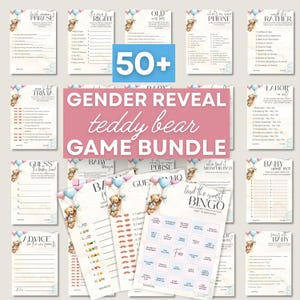 May include: A collection of baby shower game cards with a teddy bear theme. The cards feature various games, including trivia, bingo, and advice cards. The text "Gender Reveal Teddy Bear Game Bundle" is displayed prominently.