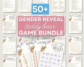 Gender Reveal Game Bundle Template Bear Theme Boy Girl Twin Baby Shower Activity Set Pink Blue Bingo Teddy Coed Gaming Trivia Pack Printable