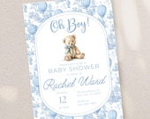Oh Boy Baby Shower Downloadable Invite Teddy Bear Shower Invitation Blue Toile de Jouy Hot Air Balloon Template Baby Sprinkle E-Invite Canva