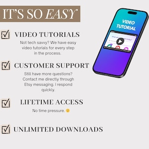 Op de afbeelding: Een smartphone met een blauw-paarse gradi&euml;nt op het scherm toont een video-tutorial. De tekst op het scherm luidt "VIDEO TUTORIAL". De afbeelding bevat ook de tekst "IT'S SO EASY", "VIDEO TUTORIALS", "CUSTOMER SUPPORT", "LIFETIME ACCESS" en "UNLIMITED DOWNLOADS".