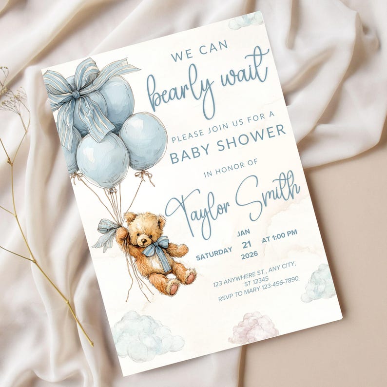 Edit Pale Blue Balloons Teddy Bear Theme Boy Shower Invite Boho Digital Download Invited