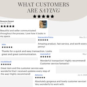 May include: Image featuring customer reviews with the headline "WHAT CUSTOMERS ARE SAYING." Reviews include star ratings and positive comments about product quality, fast service, and customer service. The reviews are dated.