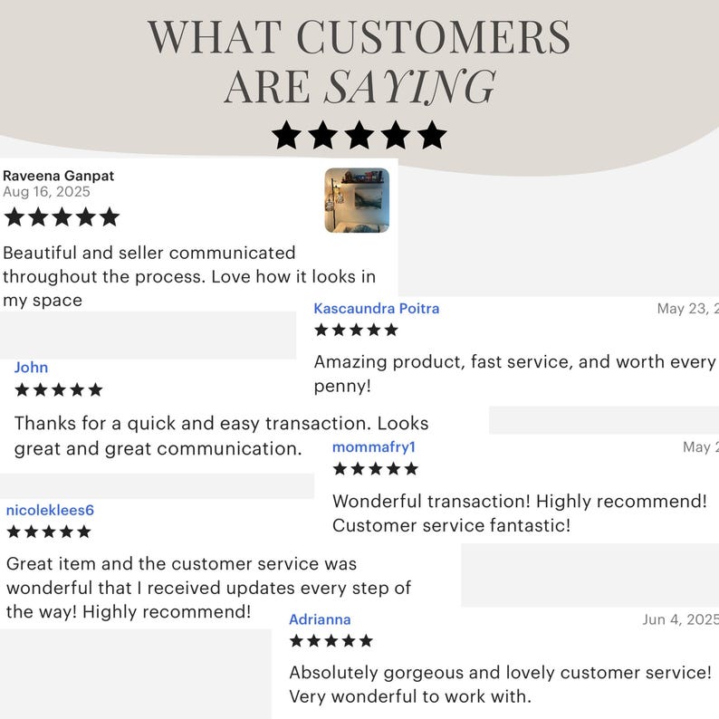 May include: Image featuring customer reviews with the headline "WHAT CUSTOMERS ARE SAYING." Reviews include star ratings and positive comments about product quality, fast service, and customer service. The reviews are dated.