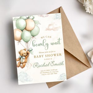 Digital Download Template Bear Baby Invitation Printable Format Editable Text Fields Customizable Event Details Teddy Bear Theme Mint Green Peach Balloons Cloud Design Gender Neutral Style Baby Shower Celebration Announcement PDF JPG Files